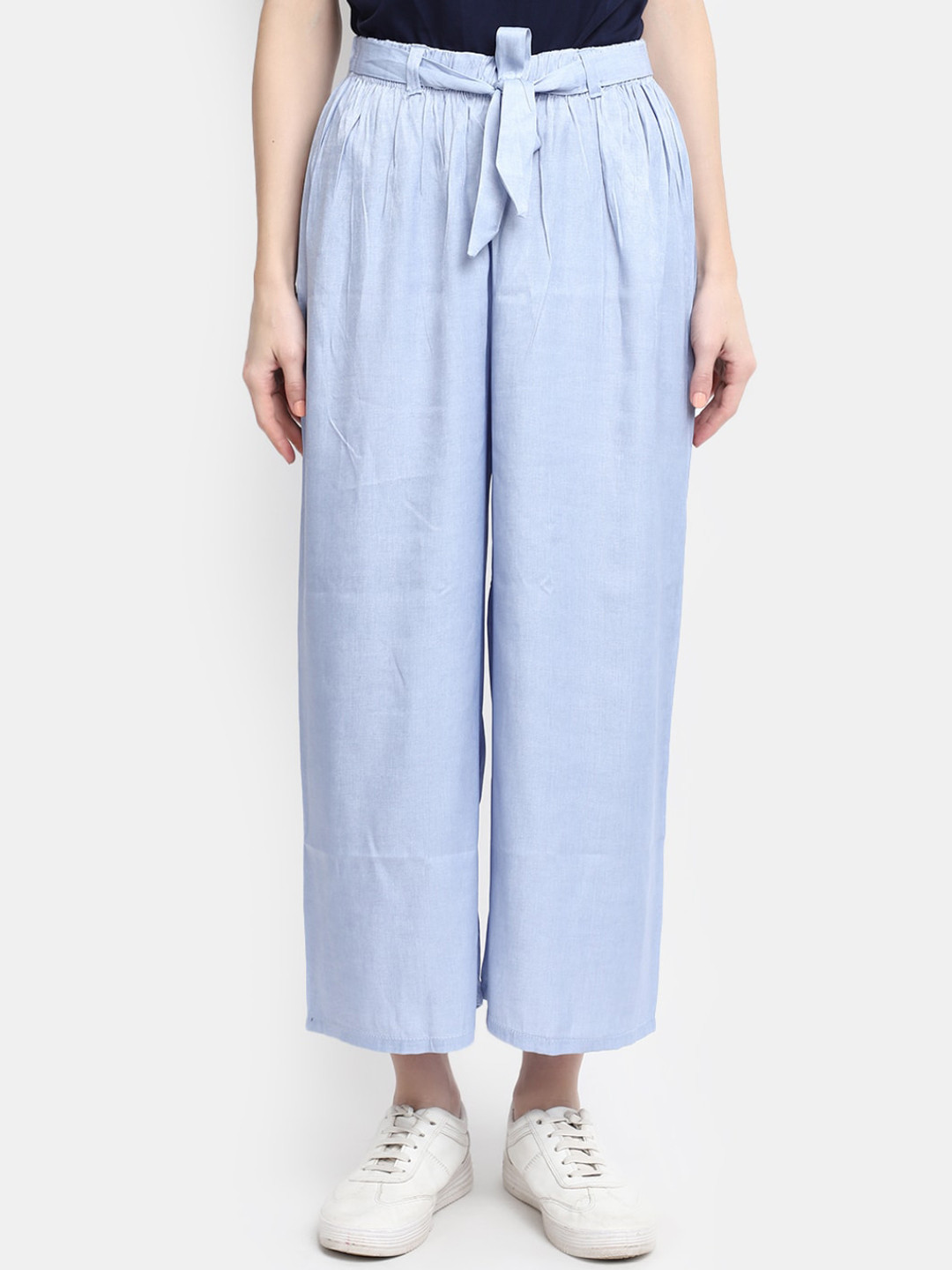 

V-Mart Women Pleated Cropped Cotton Parallel Trousers, Blue