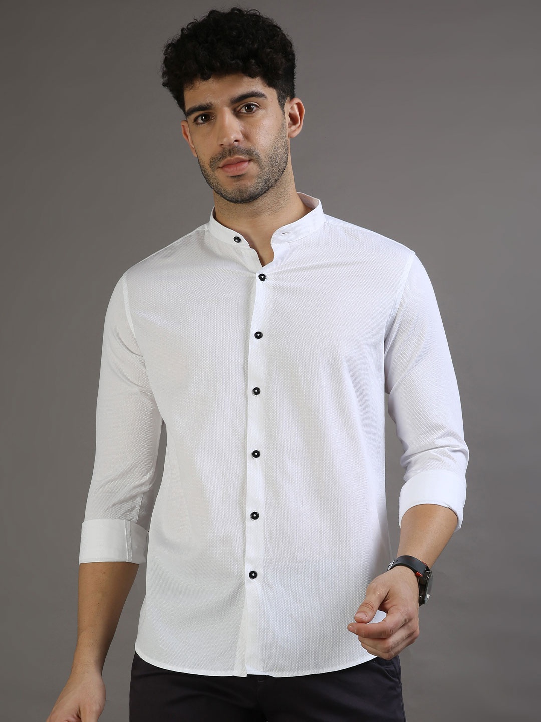 

Bushirt Classic Mandarin Collar Oxford Pure Cotton Casual Shirt, White