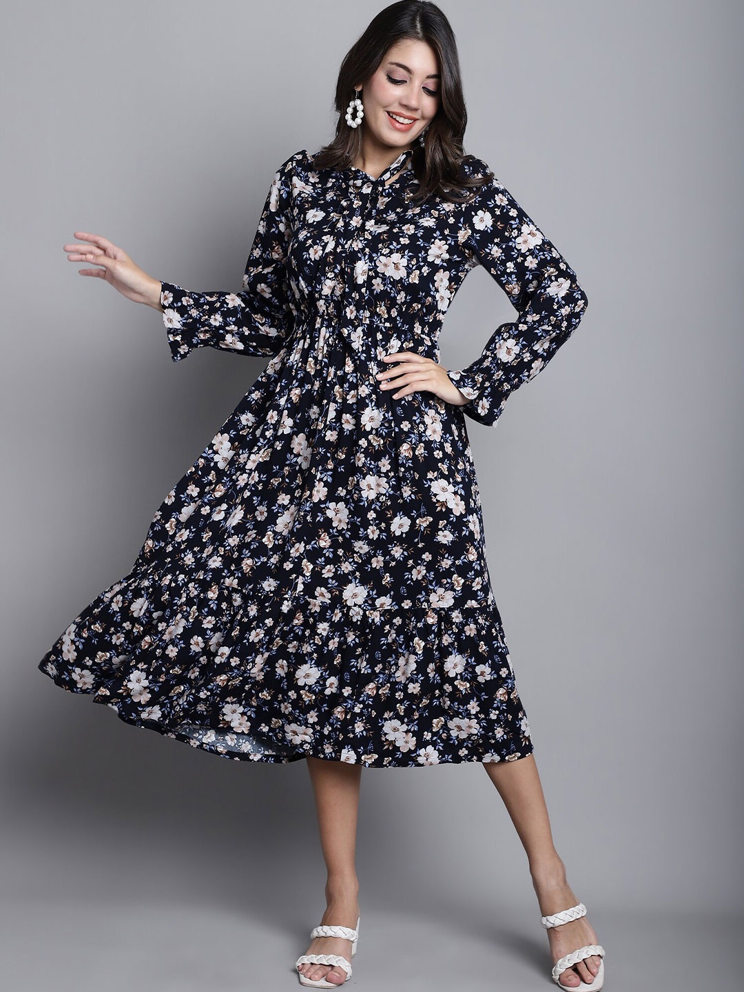 

Cantabil Floral Printed Tie Up Neck Fit & Flare Midi Dress, Black