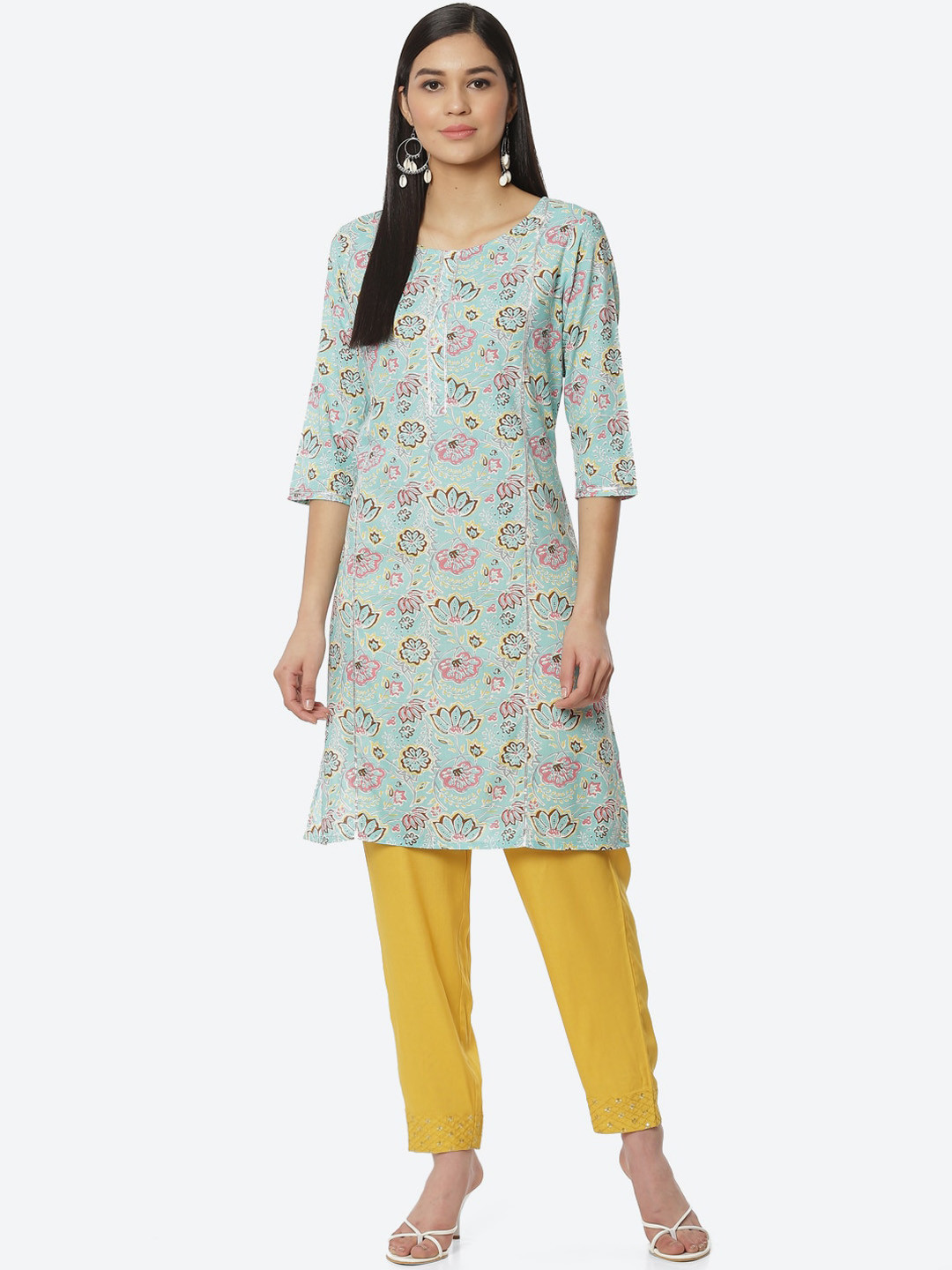 

2Bme Floral Printed Round Neck Kurta, Turquoise blue