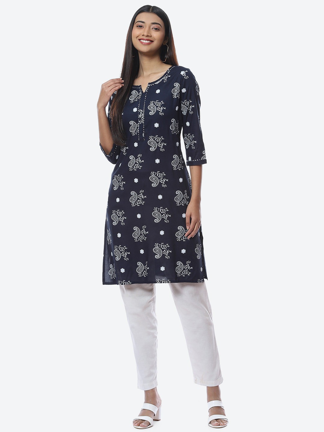 

2Bme Ethnic Motifs Printed Kurta, Navy blue
