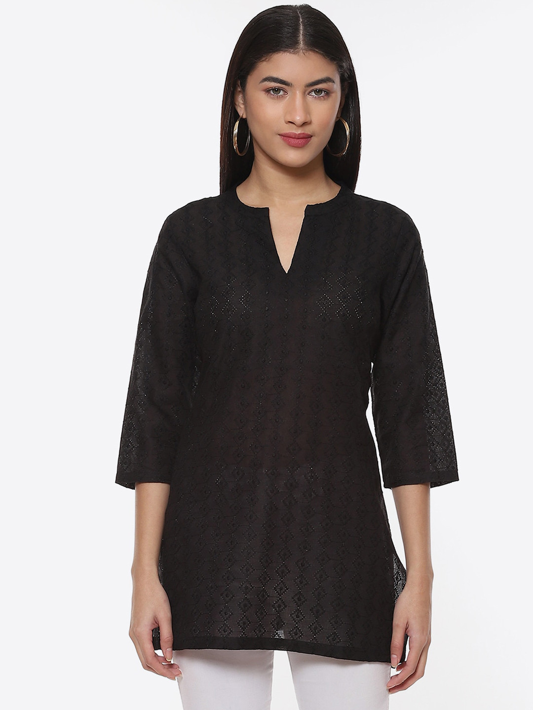 

2Bme Ethnic Motifs Mandarin Collar Sequinned Cotton Kurta, Black