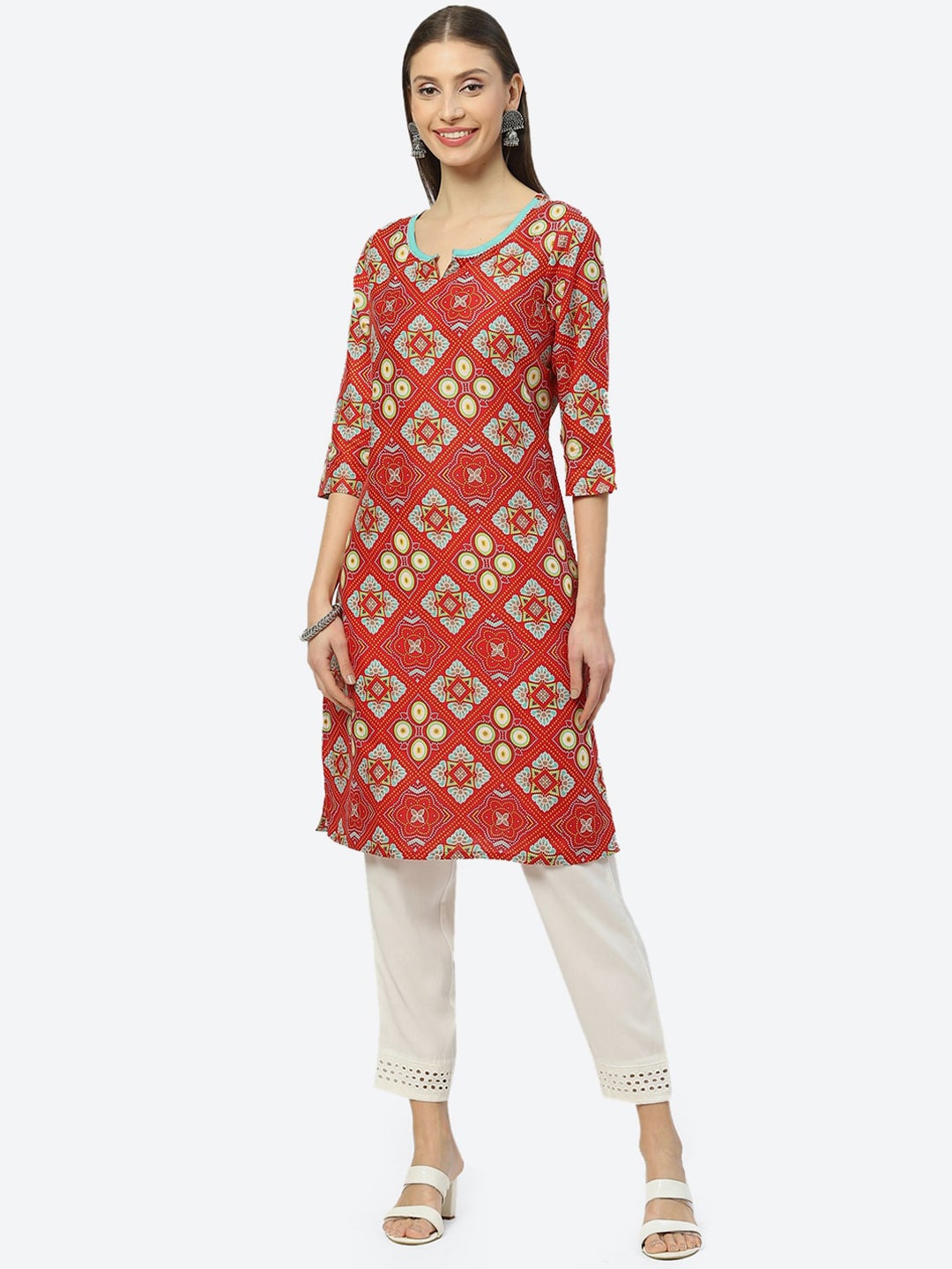 

2Bme Geometric Printed Pure Cotton Kurta, Red