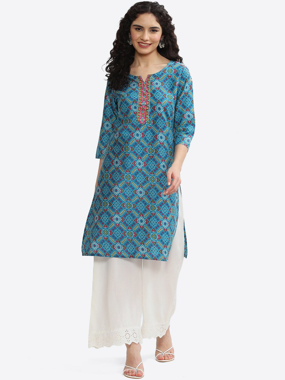 

2Bme Geometric Printed Cotton Kurta, Turquoise blue