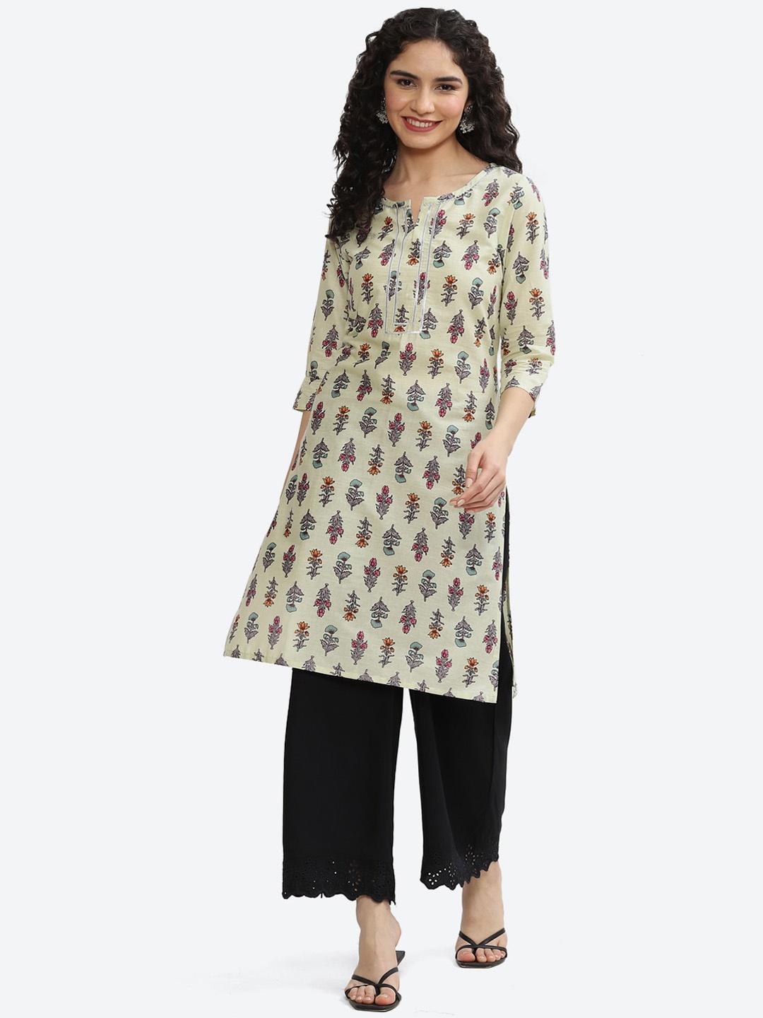 

2Bme Floral Printed Round Neck Regular Kurta, Yellow
