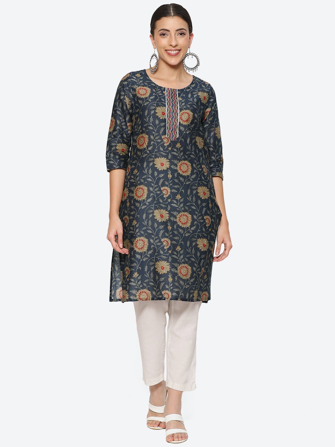 

2Bme Ethnic Motifs Printed Kurta, Navy blue