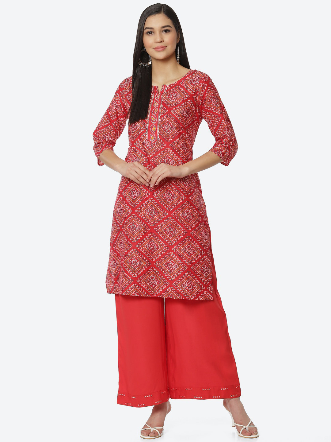 

2Bme Ethnic Motifs Printed Round Neck Gotta Patti Cotton Kurta, Red