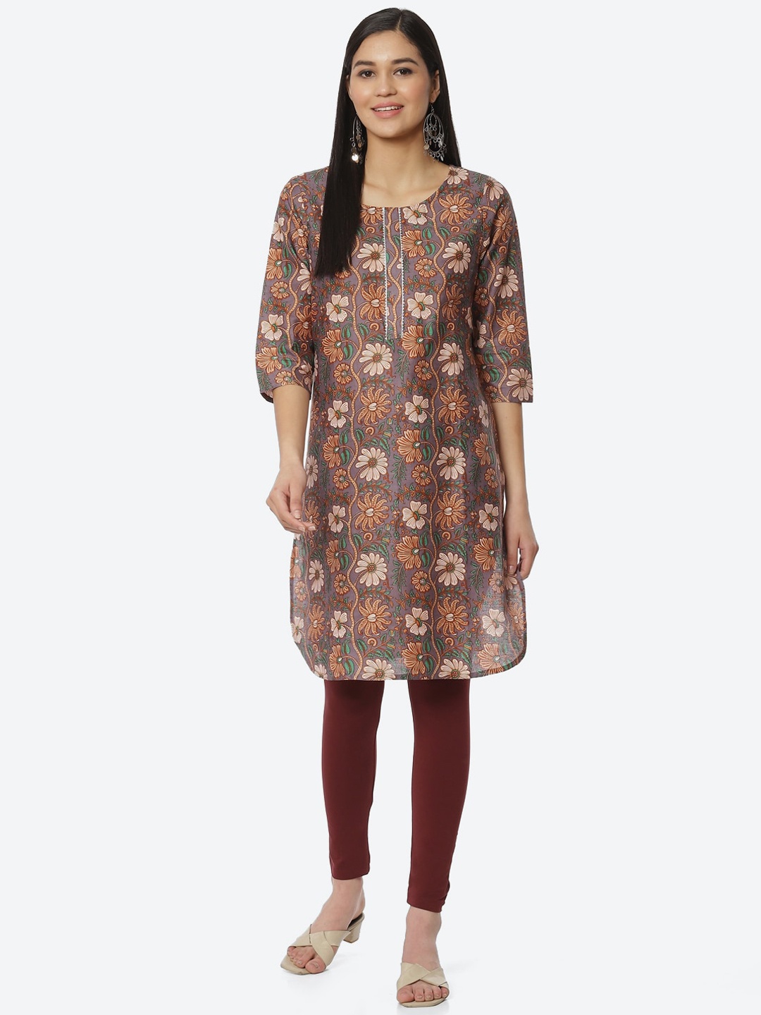 

2Bme Floral Printed Round Neck Regular Kurta, Grey