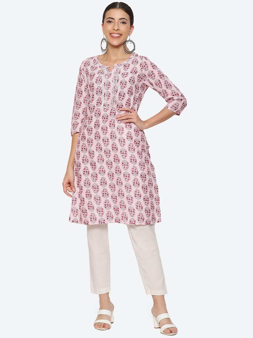 

2Bme Floral Printed Gotta Patti Detail Pure Cotton Kurta, Pink