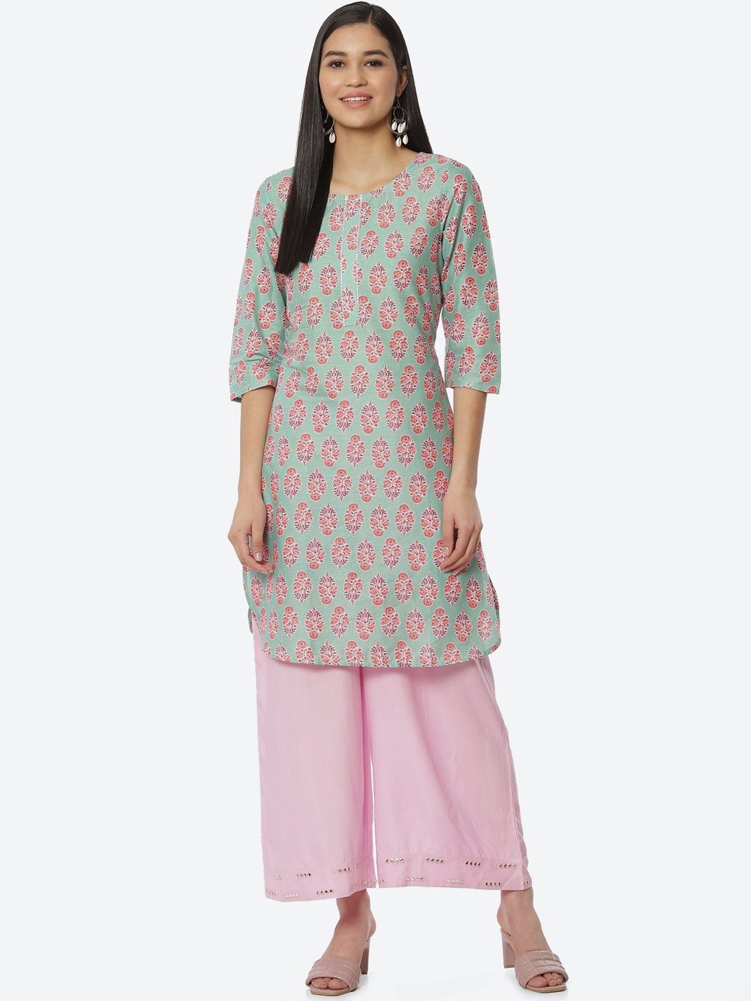 

2Bme Floral Printed Gotta Patti Regular Pure Cotton Kurta, Green