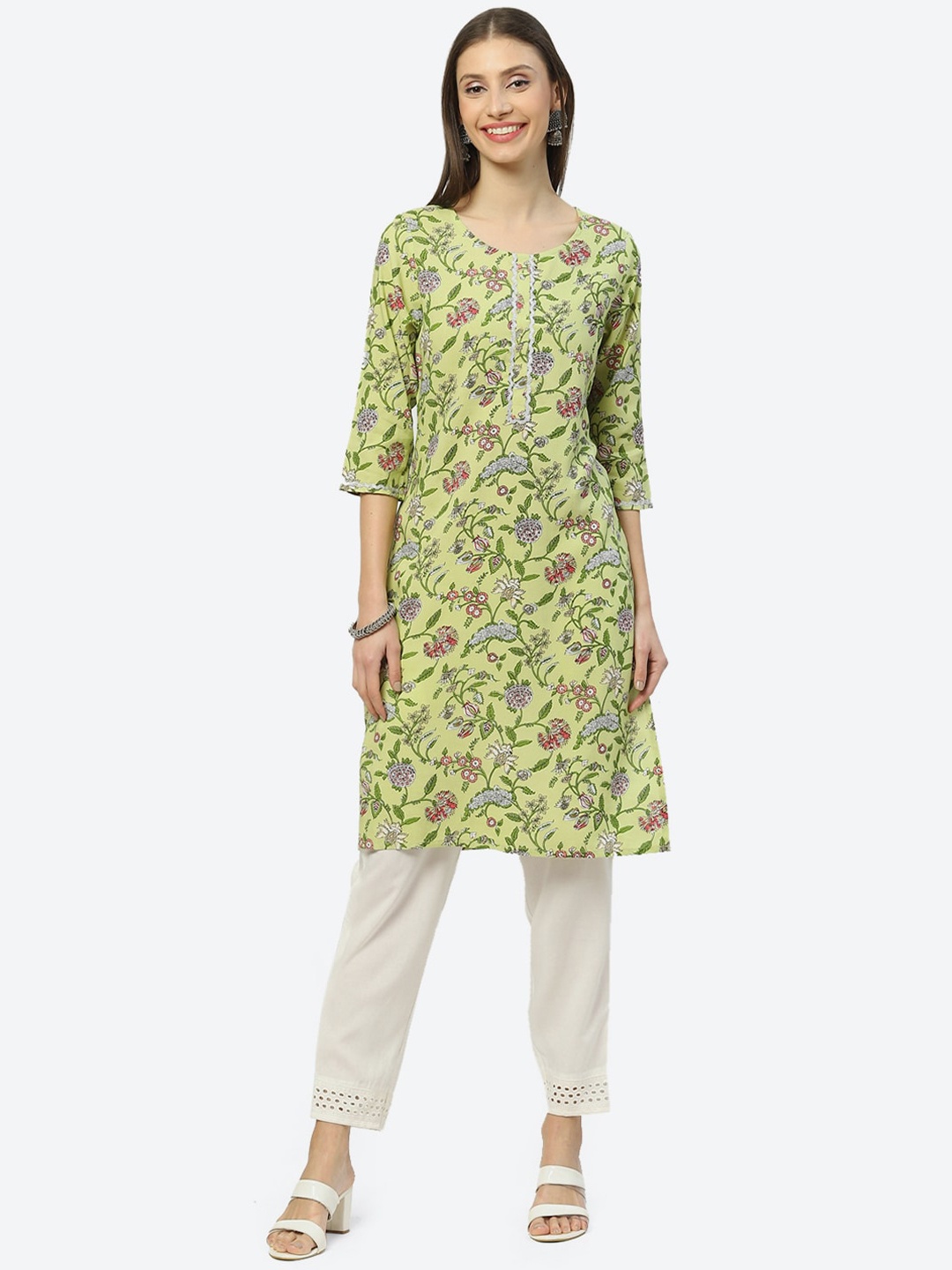 

2Bme Floral Printed Gotta Patti Regular Kurta, Green
