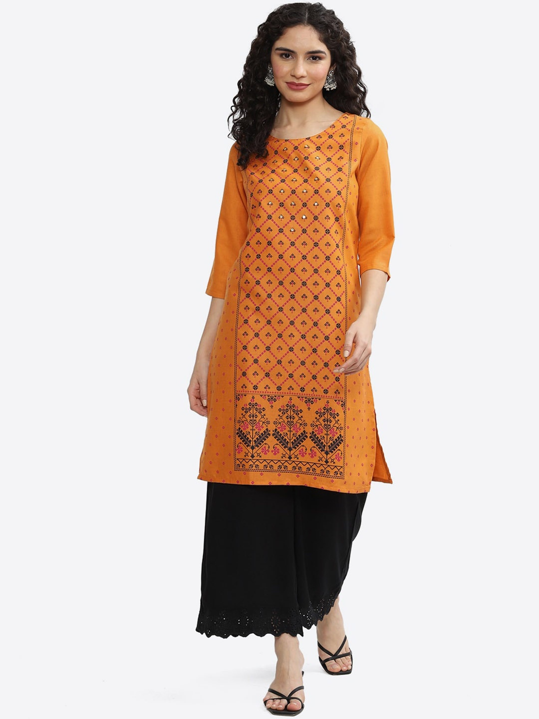 

2Bme Ethnic Motifs Printed Round Neck Regular Kurta, Orange