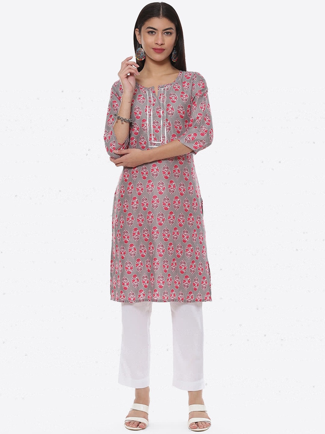 

2Bme Floral Printed Round Neck Gotta Patti Kurta, Grey