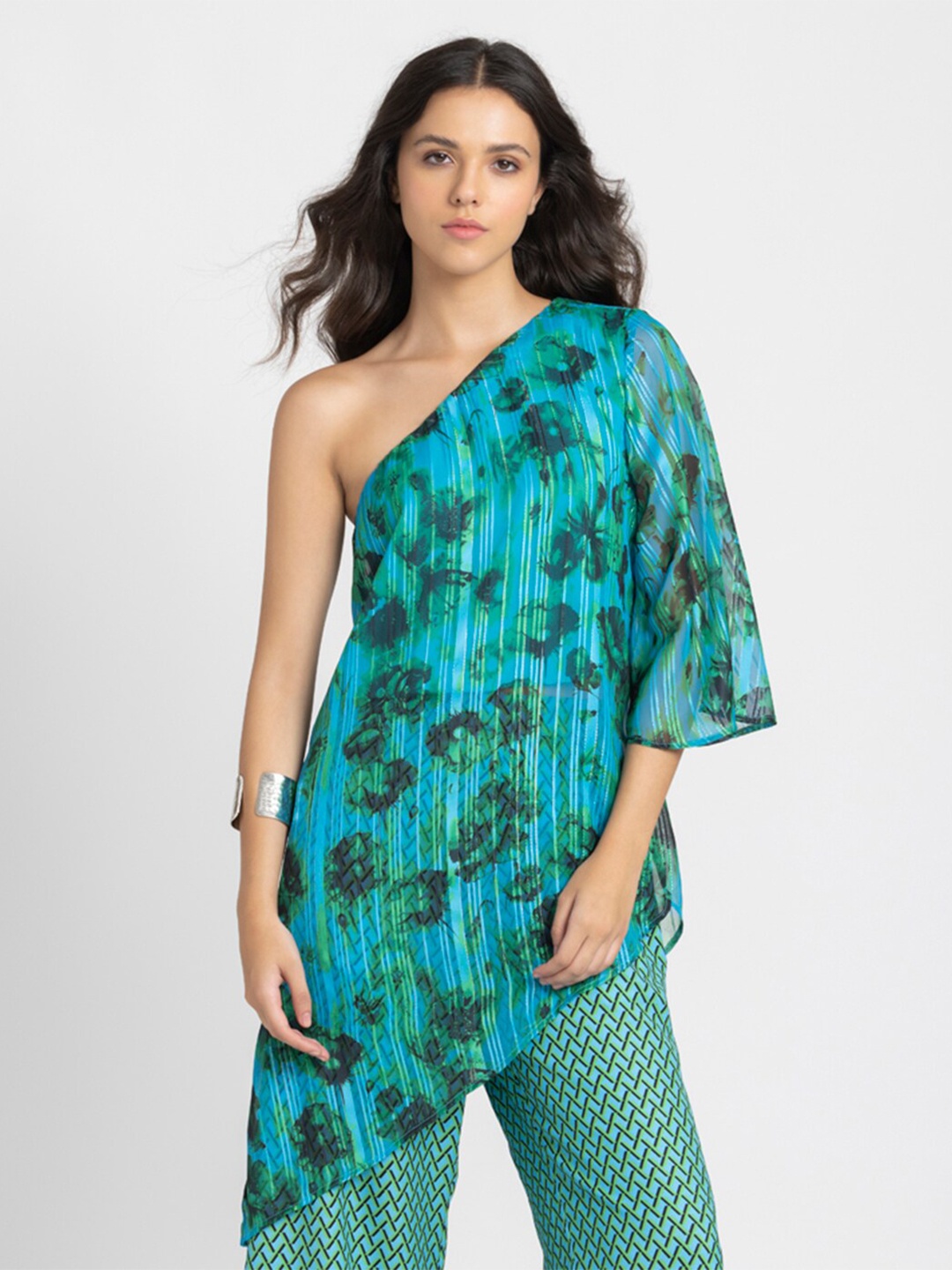 

SHAYE Floral Printed One Shoulder Kurti, Blue