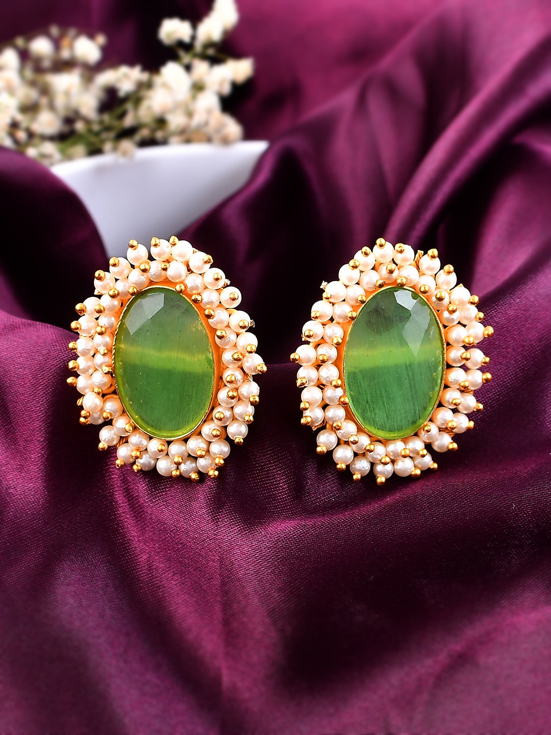 

Silvermerc Designs Gold-Plated Pearls Contemporary Studs Earrings, Green