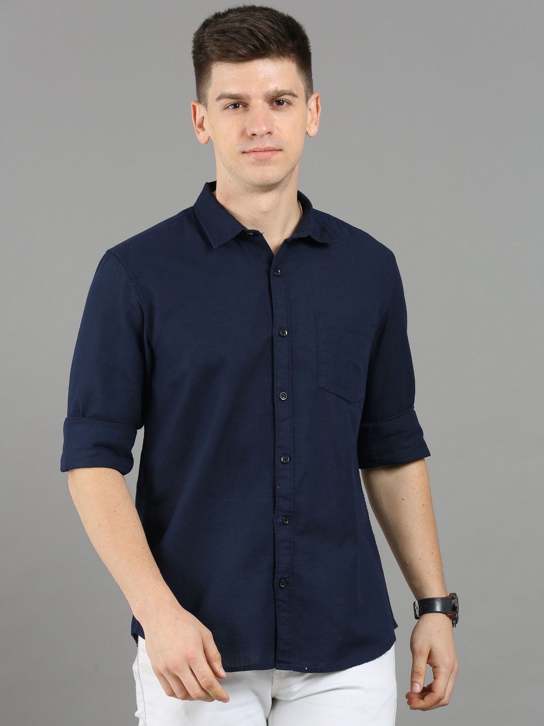 

Bought First Spread Collar Classic Casual Shirt, Navy blue