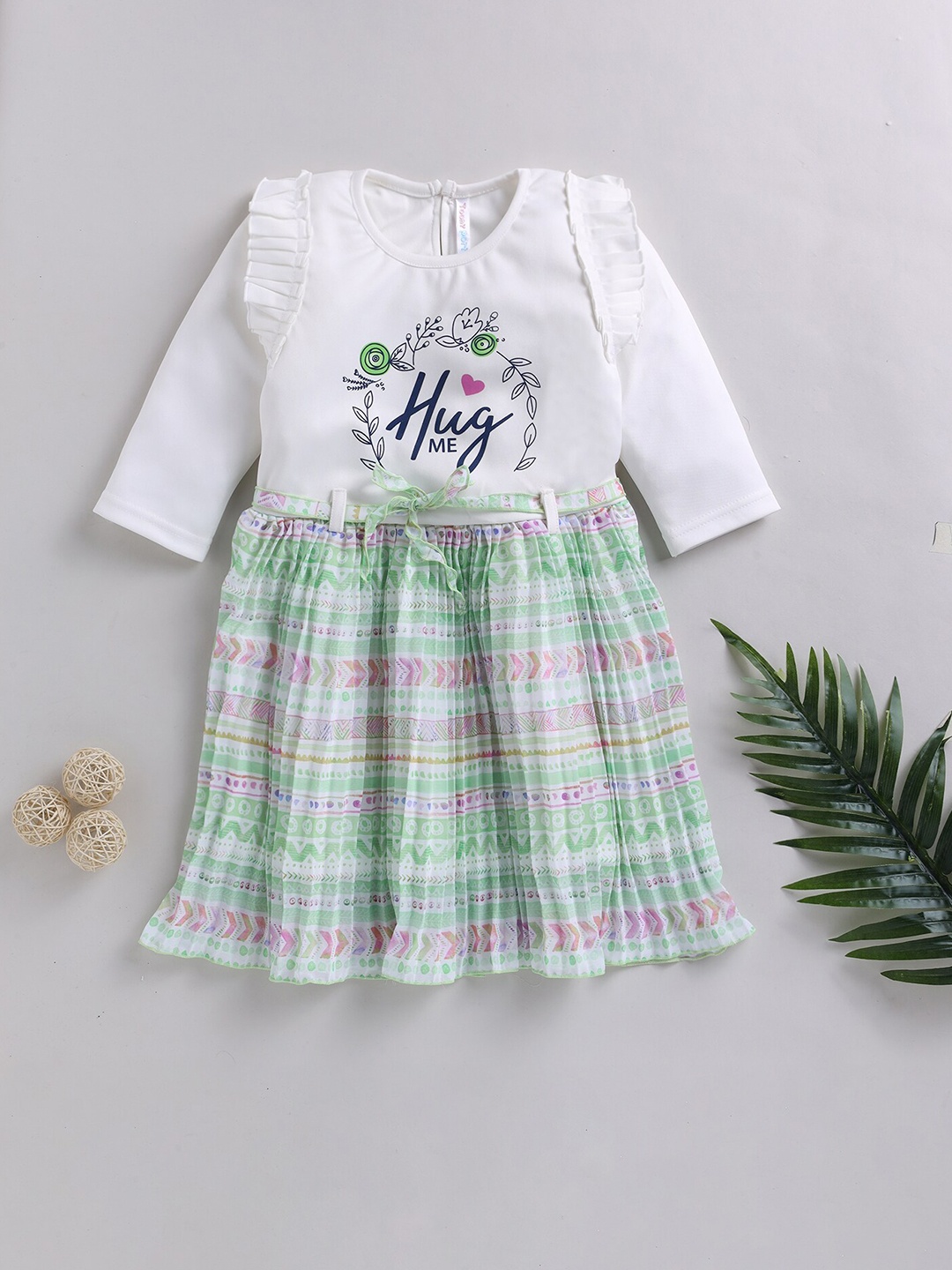 

Toonyport Girls Ethnic Motifs Printed Ruffled A-Line Dress, Green