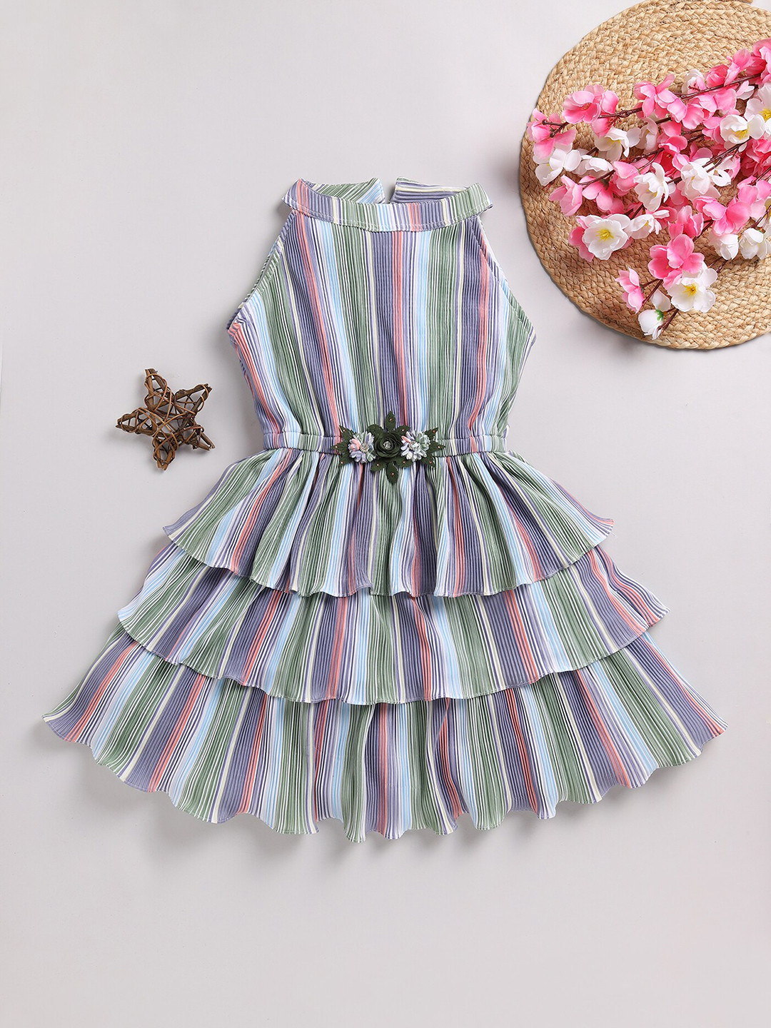 

Toonyport Girls Striped Fit & Flare Dress, Green