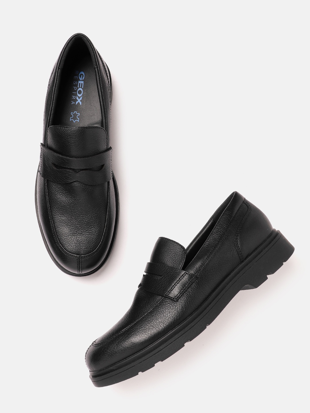 

Geox Men Solid Leather Loafers, Black