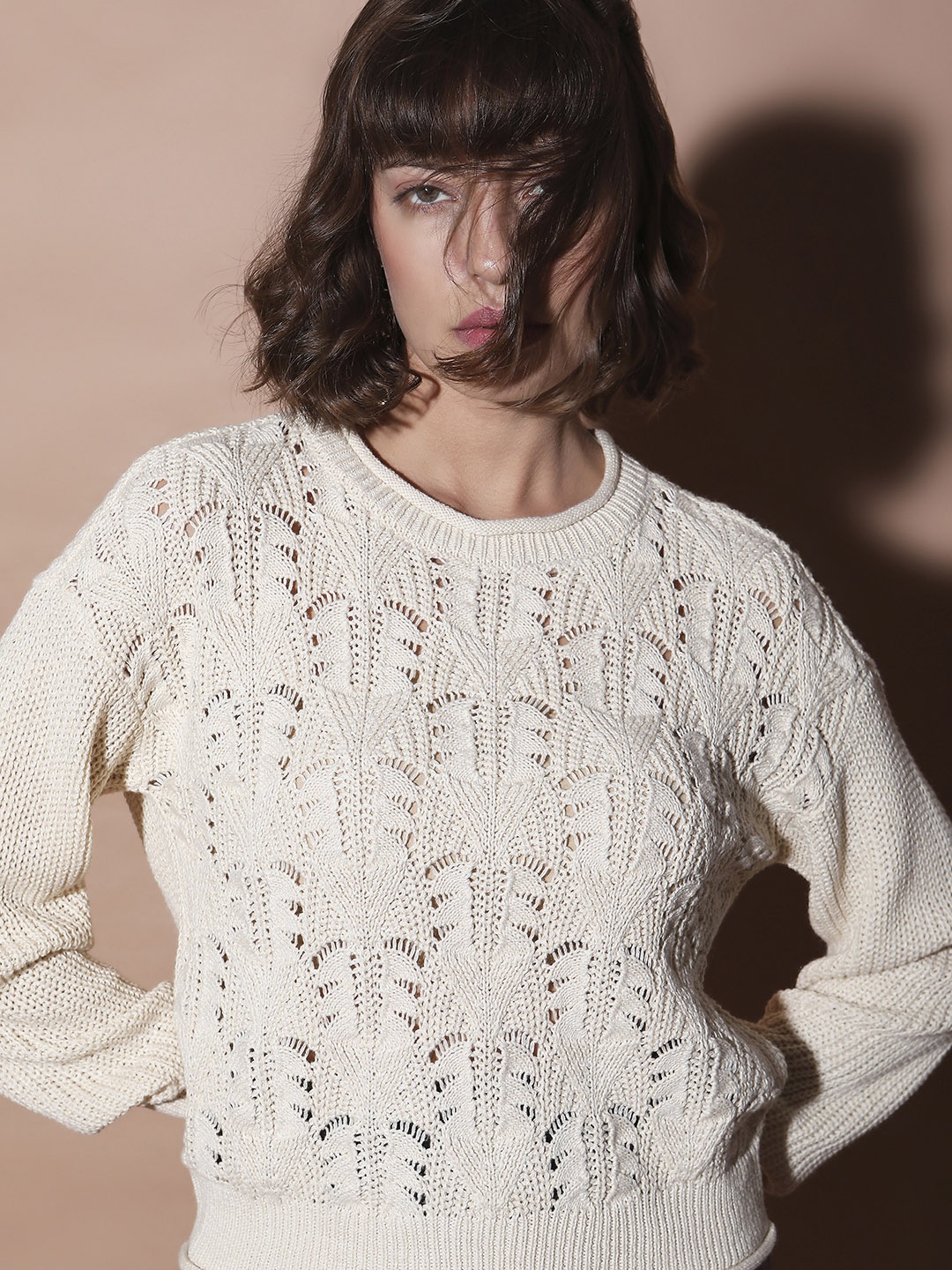 

Vero Moda Open Knit Self Design Pullover, Beige