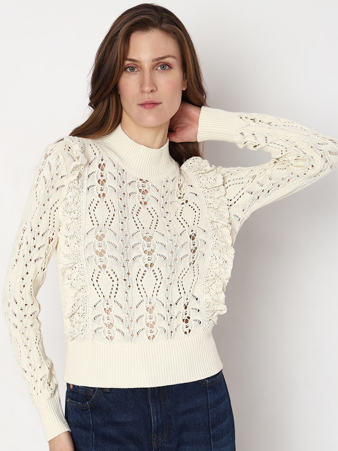 

Vero Moda Self Design Turtle Neck Open Knit Pullover, Off white