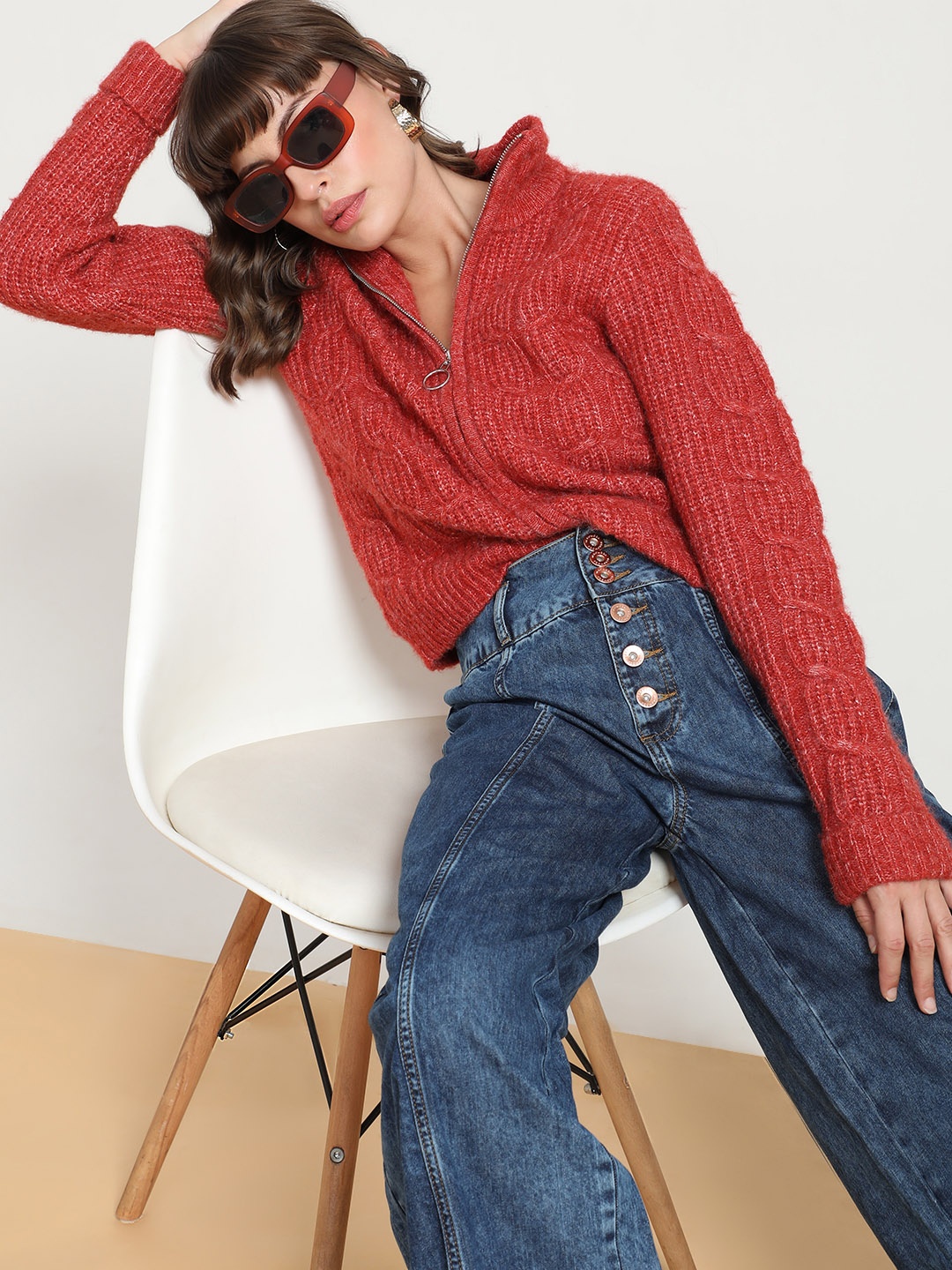 

Vero Moda Cable Knit Design Cardigan With Zip Detail, Red