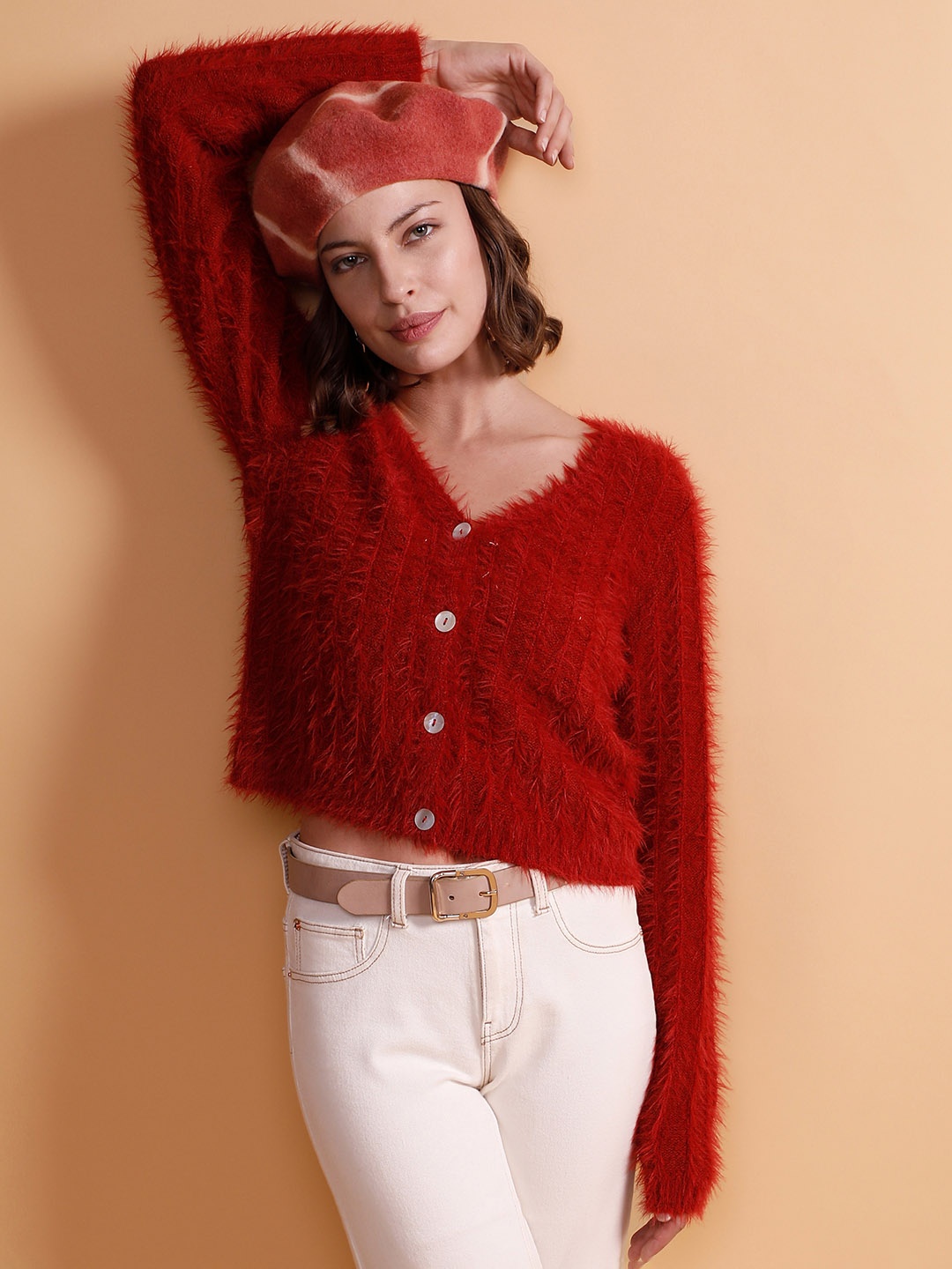 

Vero Moda Cable Knit Cardigan With Fuzzy Detail, Red