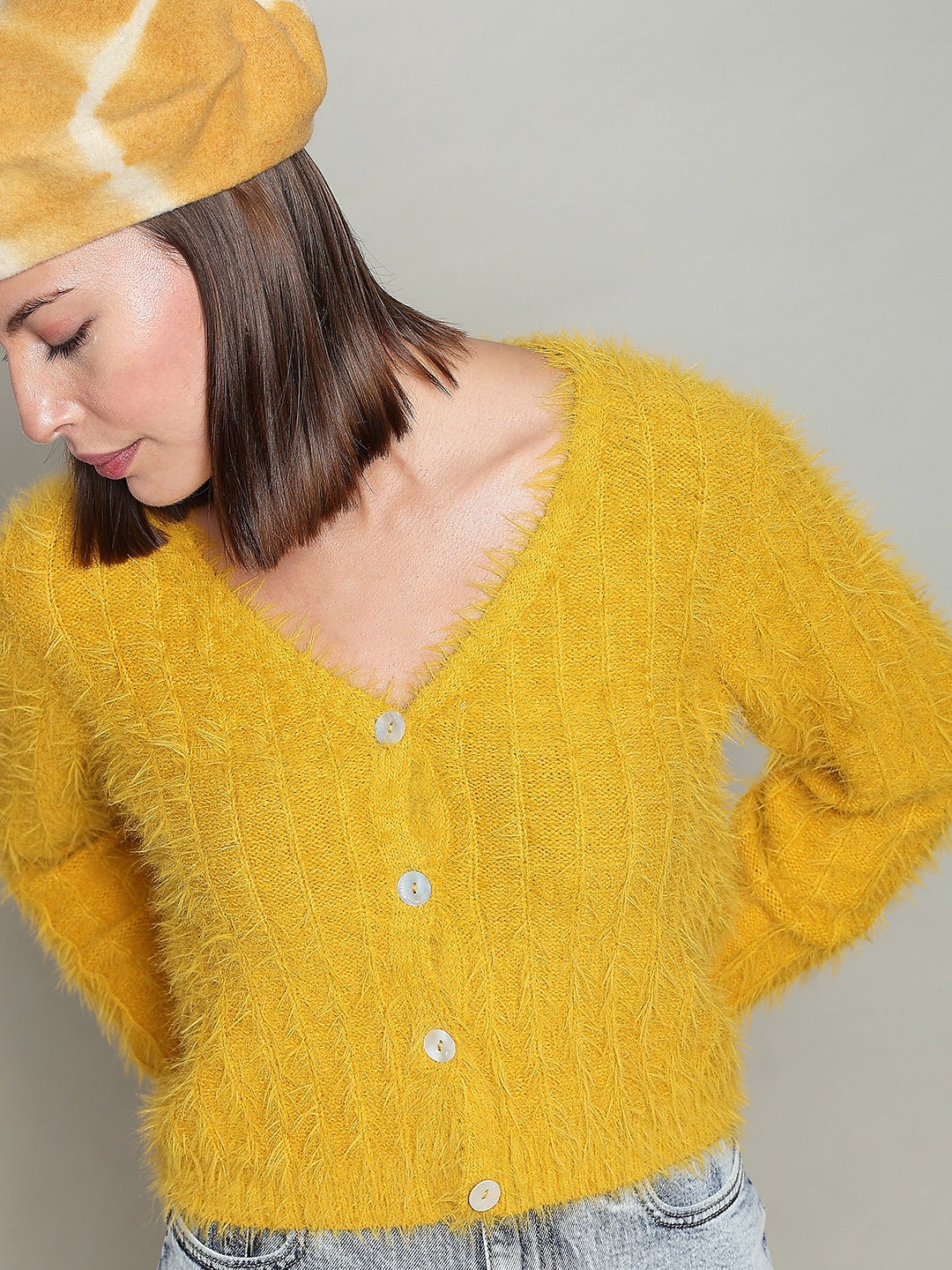 

Vero Moda Cable Knit Cardigan With Fuzzy Detail, Yellow