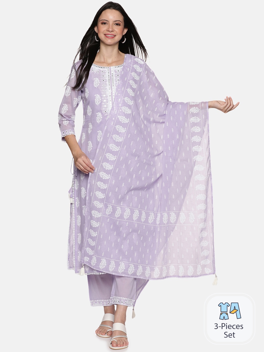

Palakh Ethnic Motifs Printed Thread Work Regular Pure Cotton Kurta with Trousers & Dupatta, Purple