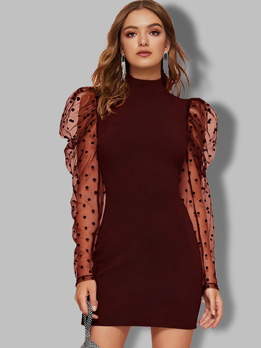 

N N ENTERPRISE High Neck Puff Sleeves Net Mini Bodycon Dress, Maroon