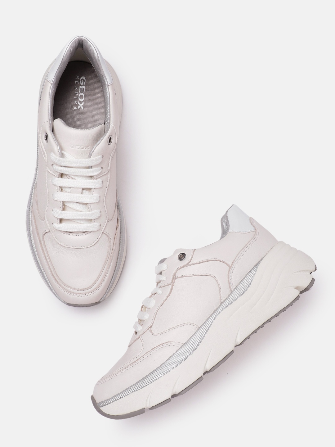 

Geox Women Solid Leather Sneakers, Off white