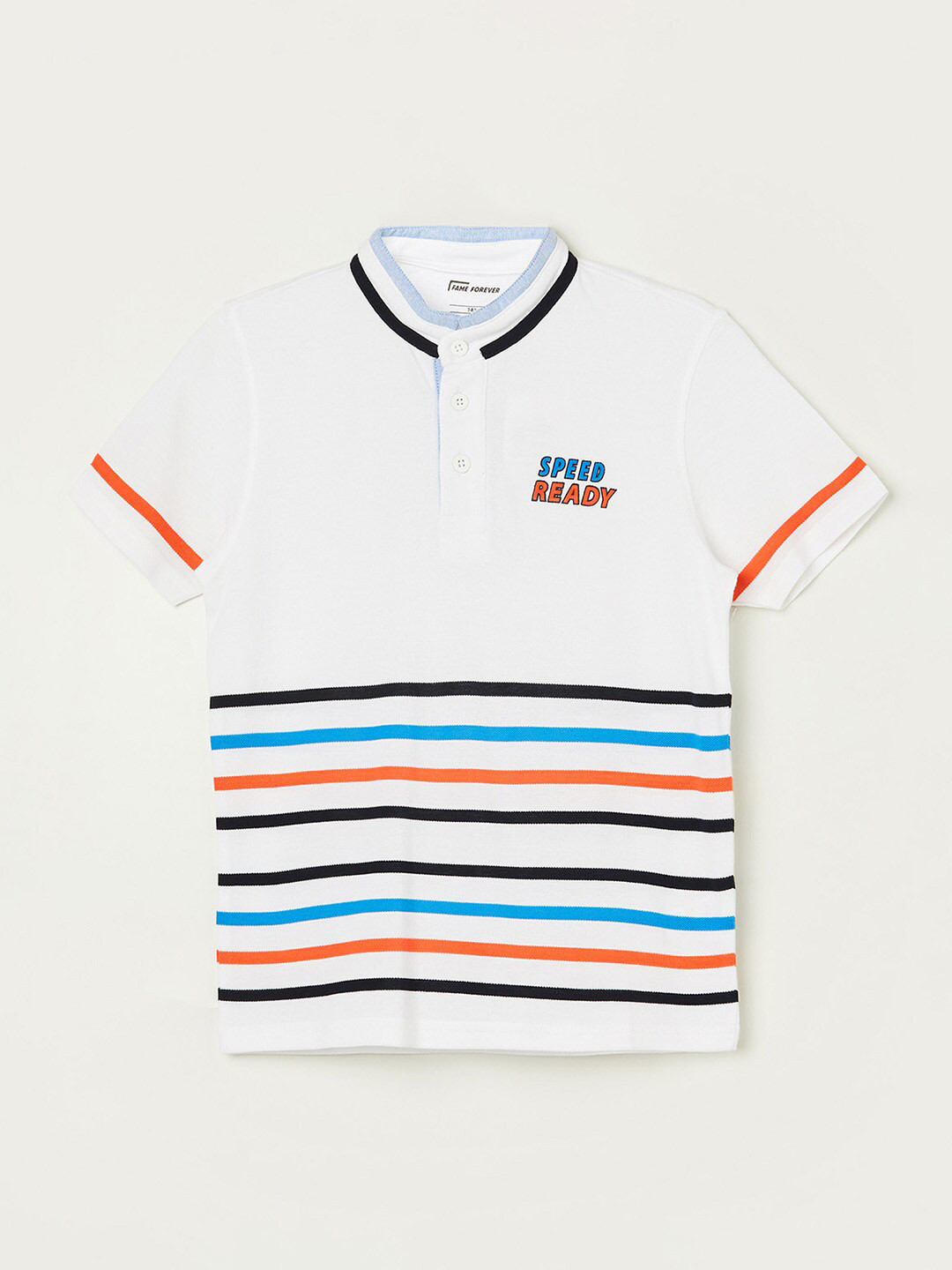 

Fame Forever by Lifestyle Boys Striped Mandarin Collar Pure Cotton T-shirt, White
