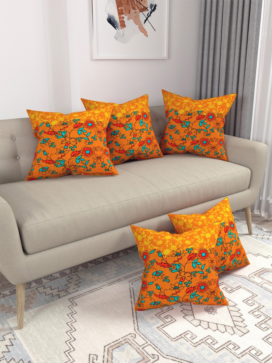 

Salona Bichona 5 Pieces Orange & Yellow Floral Pure Cotton Square Cushion Covers