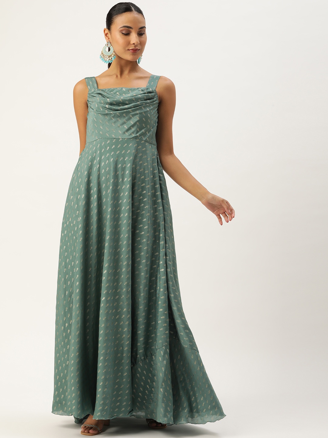 

Ethnovog Ethnic Motifs Printed Gathered Gown Maxi Dress, Green