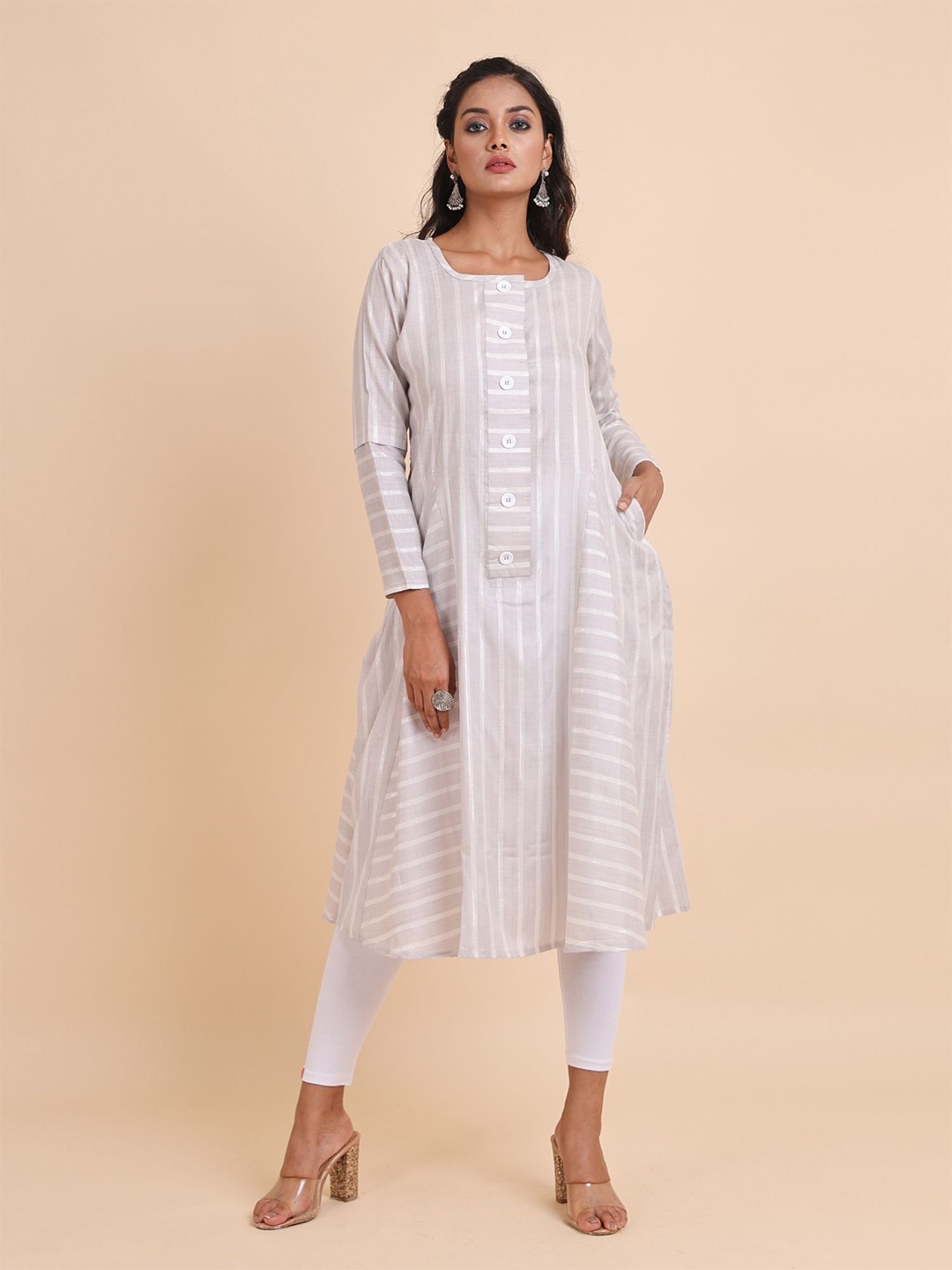

Disli Striped Pure Cotton A-Line Kurta, Grey