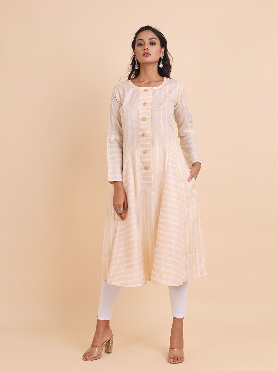

Disli Striped Pure Cotton A-Line Kurta, Beige