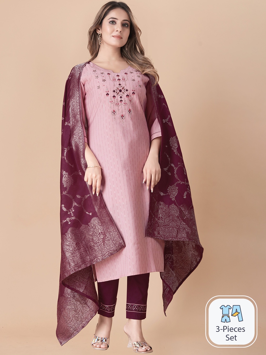 

B4ME.COM Ethnic Motifs Woven Design Thread Work Straight Kurta & Trousers With Dupatta, Pink
