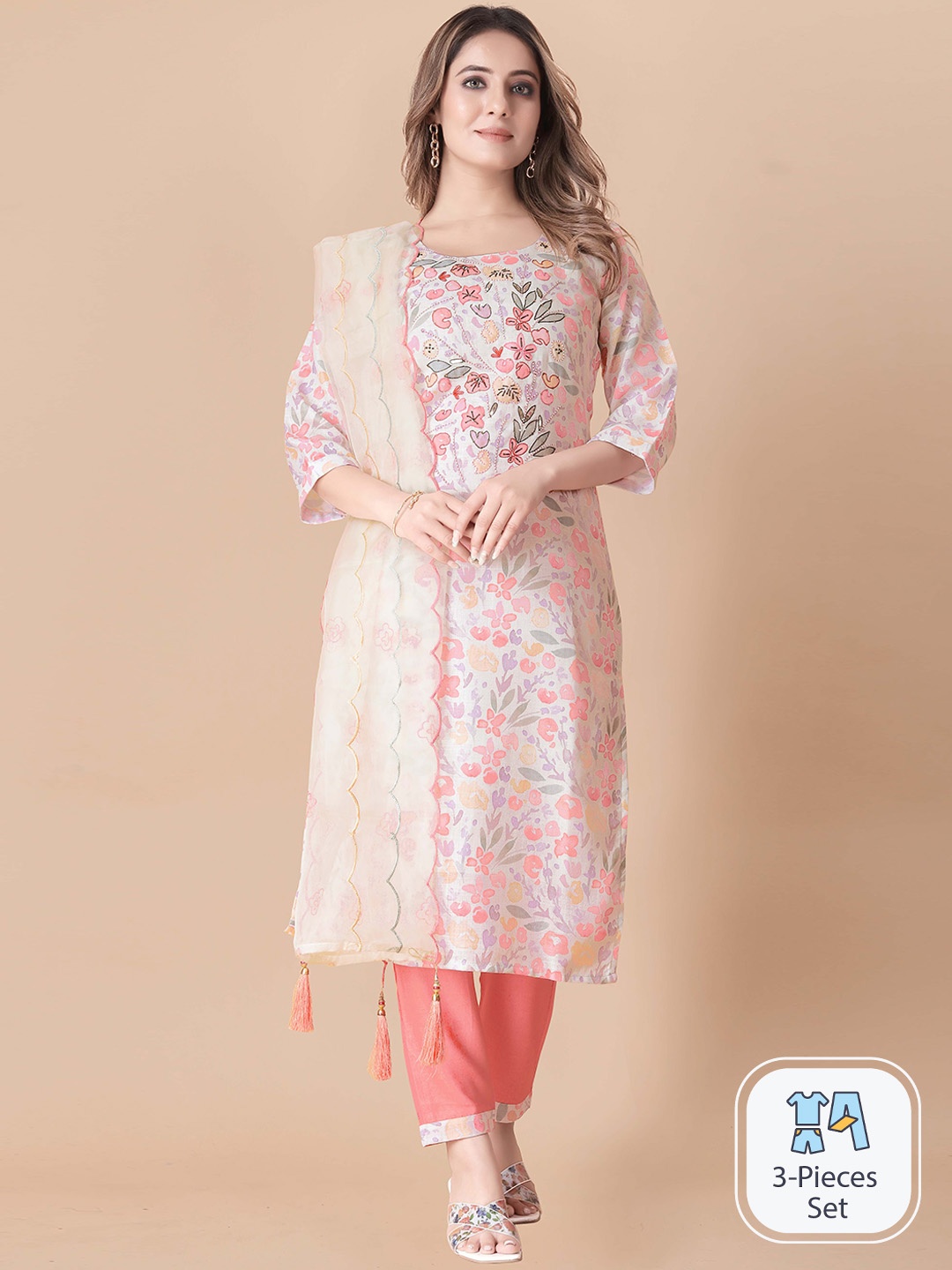 

B4ME.COM Floral Printed Thread Work Kurta With Trousers & Dupatta, White