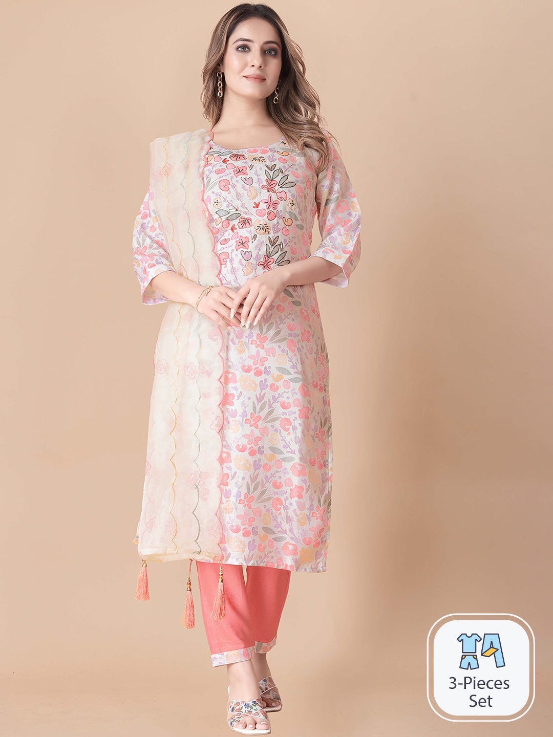 

B4ME.COM Floral Printed Beads & Stones Detailed Straight Kurta & Trousers With Dupatta, White