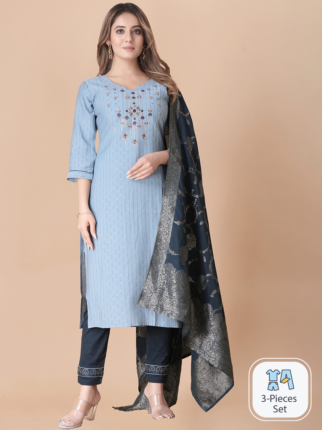 

B4ME.COM Ethnic Motifs Woven Design Thread Work Straight Kurta & Trousers With Dupatta, Blue