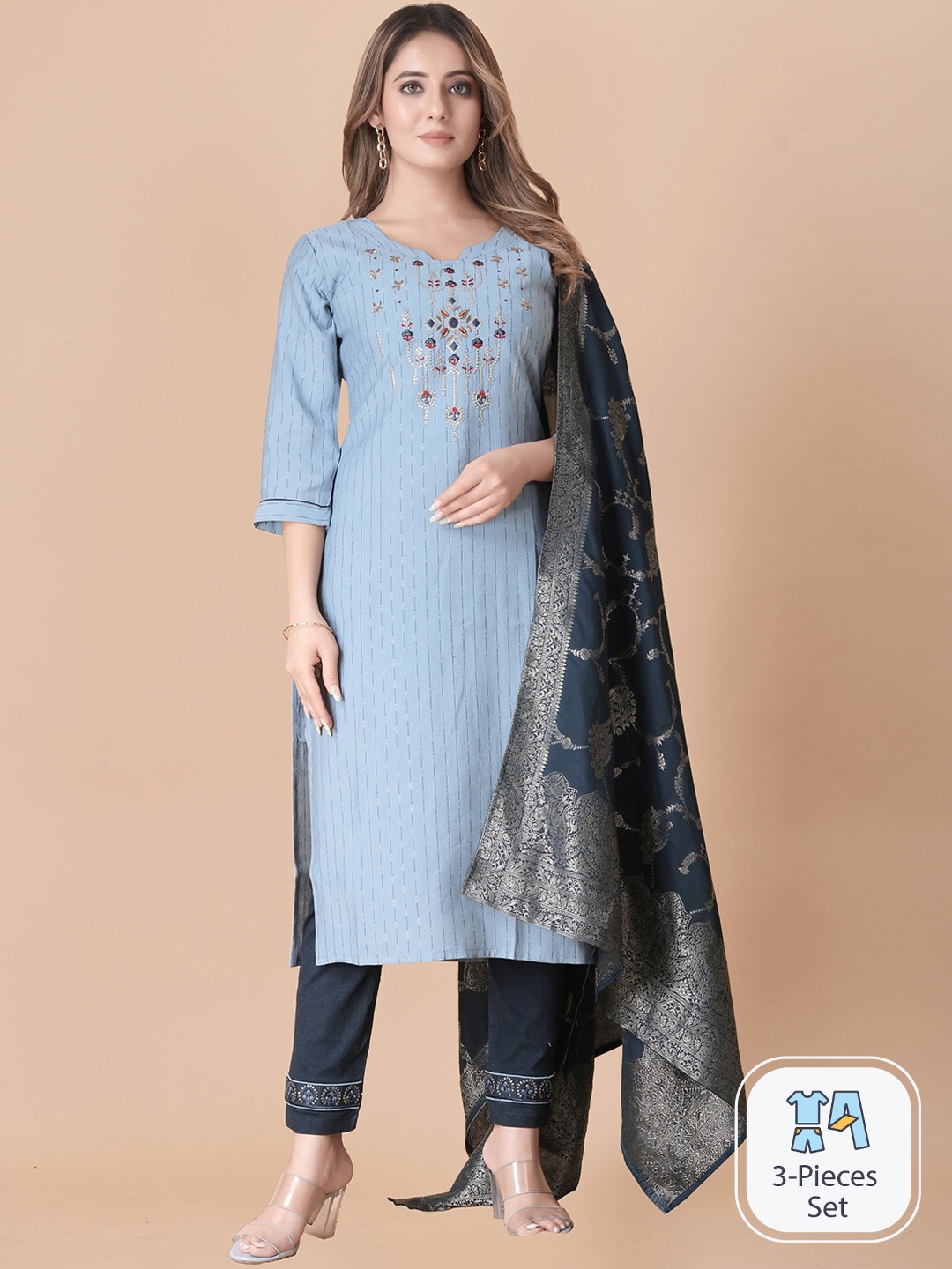 

B4ME.COM Embroidered Thread Work Kurta & Trousers With Dupatta, Blue
