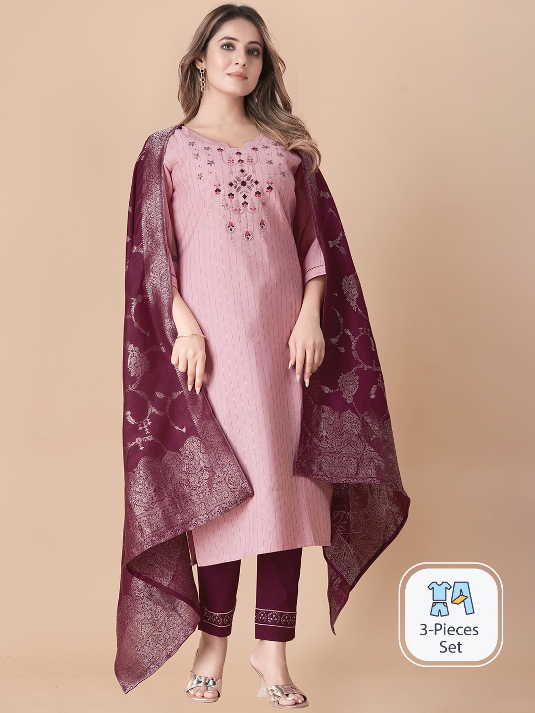 

B4ME.COM Embroidered Thread Work Kurta & Trousers With Dupatta, Pink