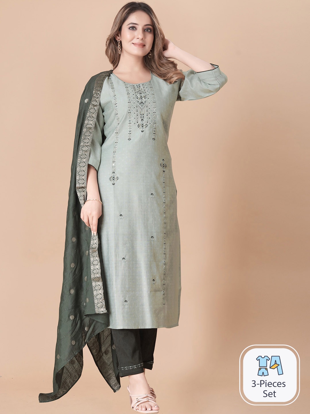 

B4ME.COM Ethnic Motifs Woven Design Thread Work Straight Kurta & Trousers With Dupatta, Green