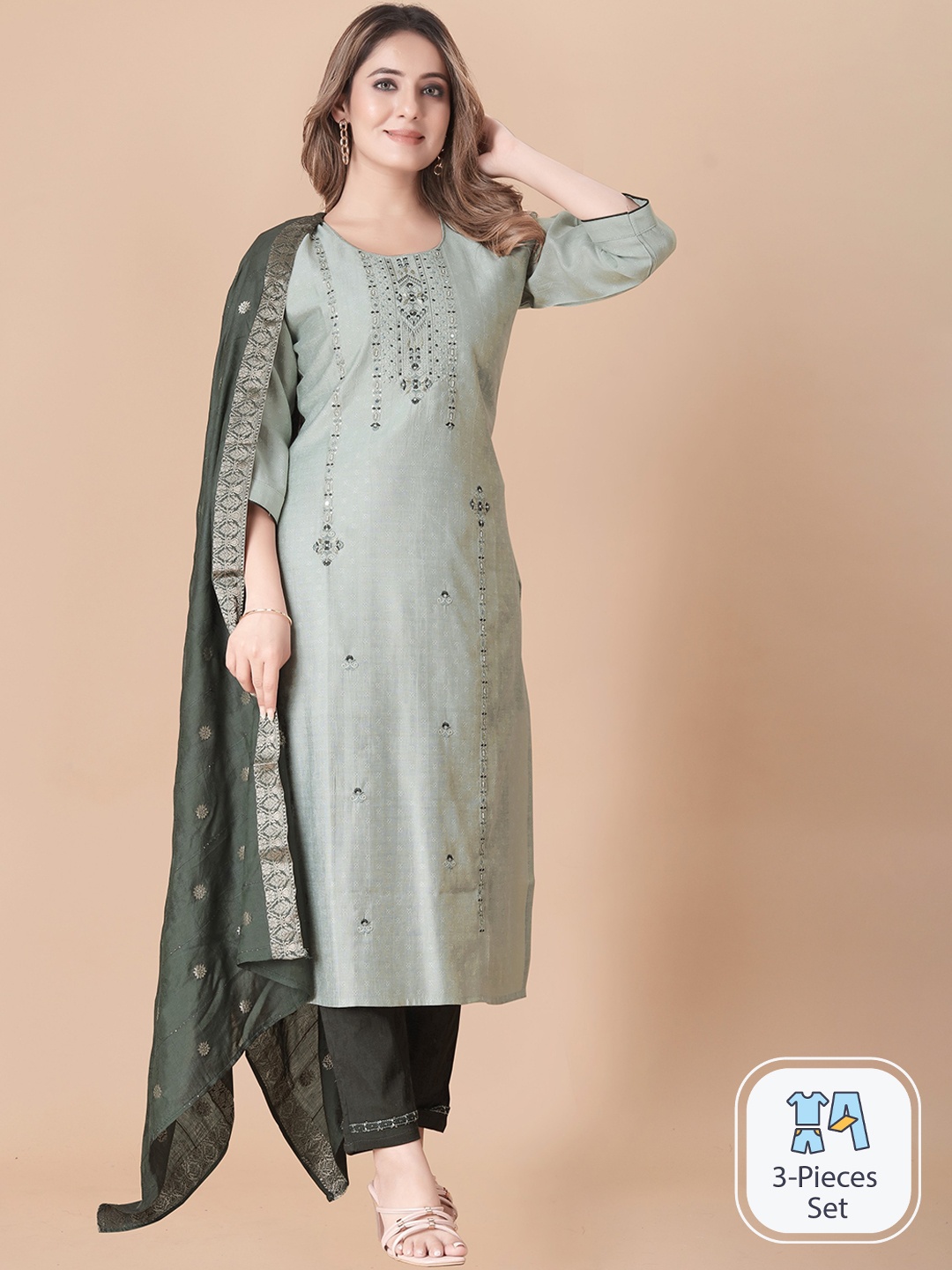 

B4ME.COM Ethnic Motifs Woven Design Thread Work Straight Kurta & Trousers With Dupatta, Green