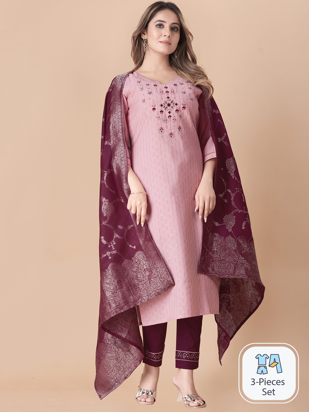 

B4ME.COM Ethnic Motifs Woven Design Thread Work Straight Kurta & Trousers With Dupatta, Pink