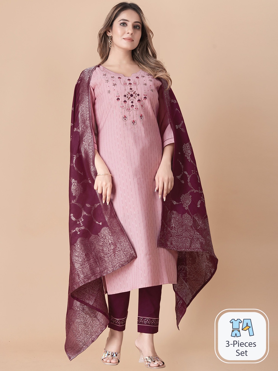 

B4ME.COM Embroidered Thread Work Kurta & Trousers With Dupatta, Pink