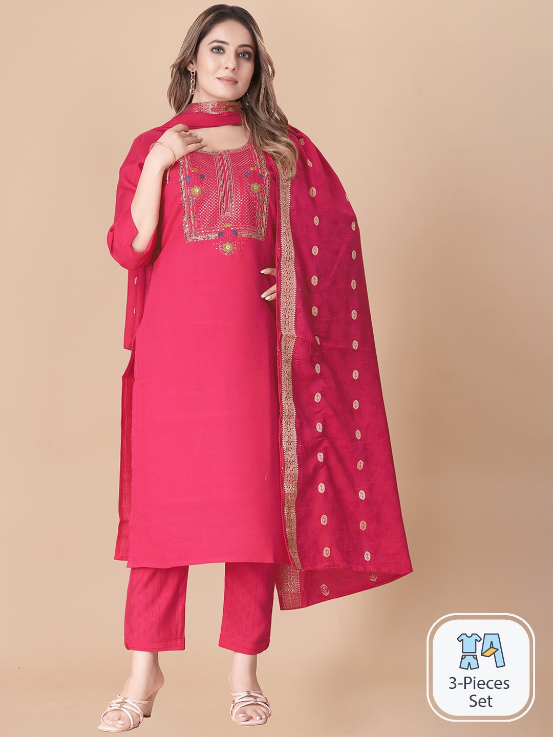 

B4ME.COM Ethnic Embroidered Sequinned Kurta With Trousers & Dupatta, Pink