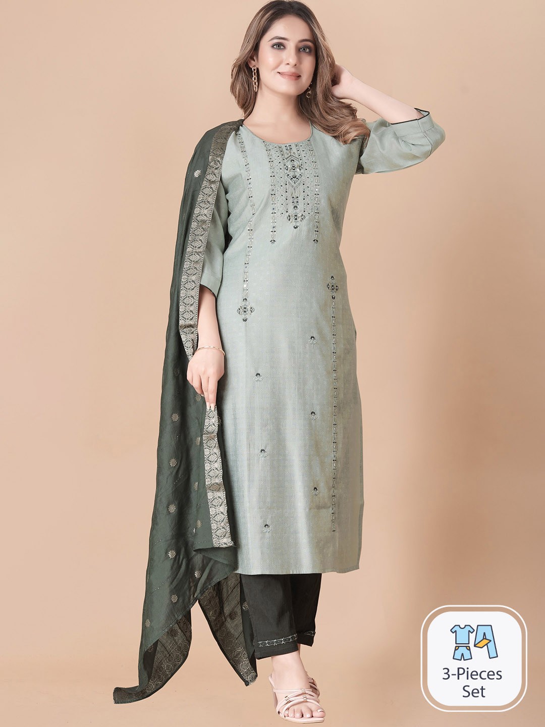 

B4ME.COM Ethnic Motifs Woven Design Thread Work Straight Kurta & Trousers With Dupatta, Green