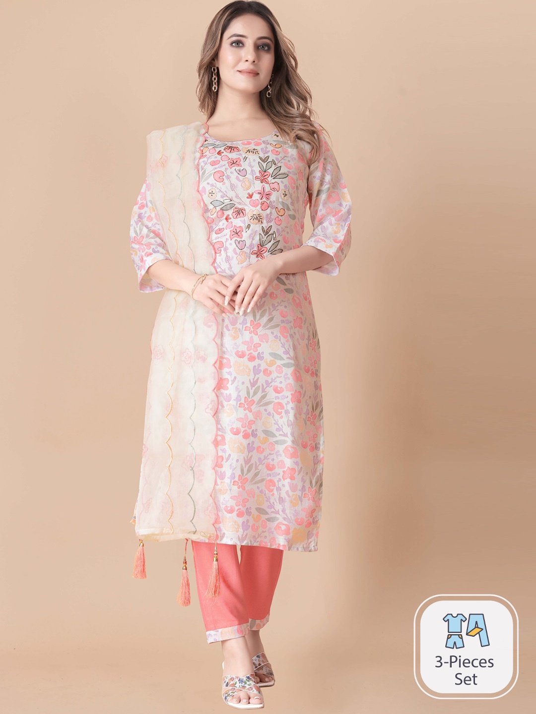 

B4ME.COM Floral Printed Beads & Stones Detailed Straight Kurta & Trousers With Dupatta, White