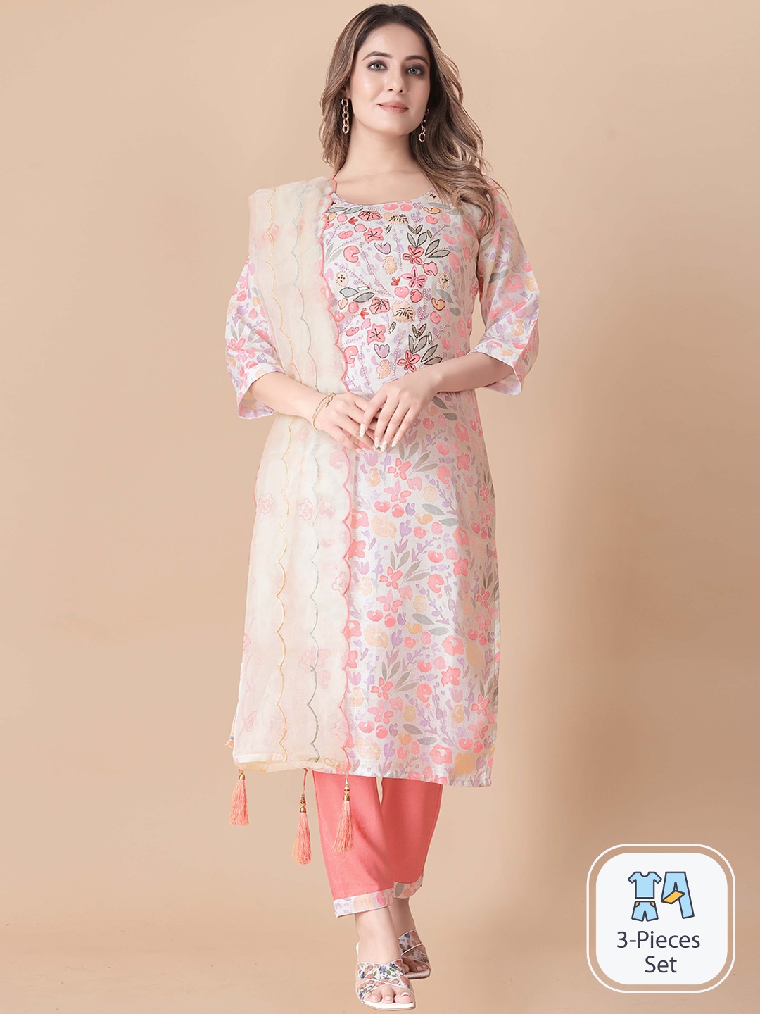 

B4ME.COM Floral Printed Thread Work Kurta With Trousers & Dupatta, White